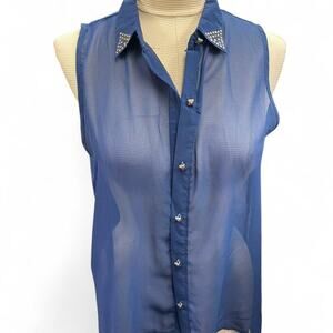 Blue sheer mesh button up